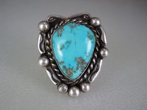 OLD Tobe Turpen shop NAVAJO STERLING SILVER & TURQUOISE RING size 8 Artist signd - Picture 1 of 6