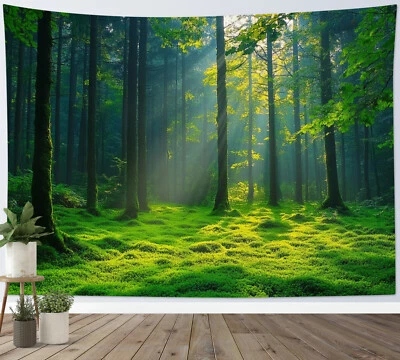 Green Plant Tree Sunshine Through Forest Tapestry for Bedroom Living Room Dorm - Image 1 of 4