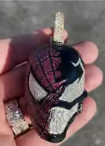 Men's 5Ct Real Moissanite Spiderman Mask Enamel Pendant 14k Yellow Gold Plated - Picture 1 of 7
