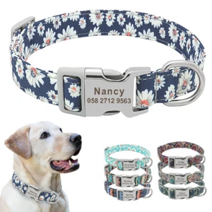 Personalised Boho Floral Dog Collars Pet Cat Name ID Tag Engraved 7 Colors S M L - Picture 1 of 19
