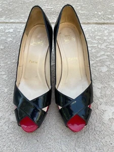 Christian Louboutin Shelley 90 Patent Leather Black/Red CrissCross Peep ToePumps - Picture 1 of 8