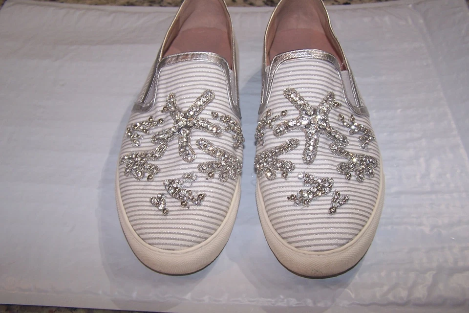 Antonio Melani 8M Silver Sneakers Slip On Shoes Striped Loafers Jeweled Starfish - Image 1 of 4