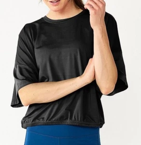 NWT TEK GEAR XL OPEN BACK ELASTIC HEM CROPPED RELAXED BOXY BLACK SATIN LIKE TOP - Bild 1 von 23