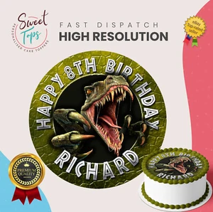 DINOSAUR VELOCIRAPTOR PERSONALISED ROUND EDIBLE BIRTHDAY CAKE TOPPER DECORATION - Picture 1 of 6