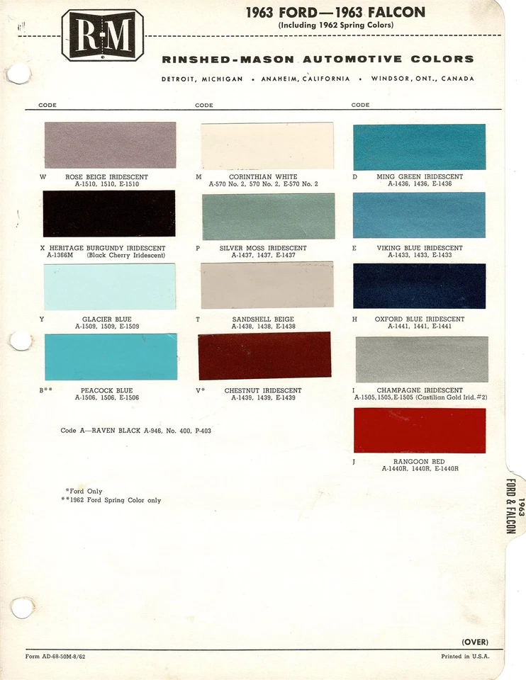 1963 FORD FAIRLANE GALAXIE FALCON RANCHERO СКОЛЫ КРАСКИ (R-M) - Изображение 1 из 1