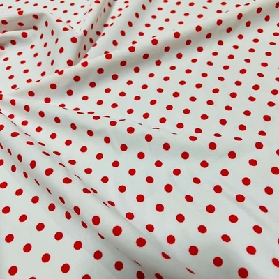 Swimwear Fabric Spandex Stretch Mini Red and Whie Polka Dots print By the Yard - Image 1 of 4