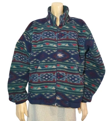 Chaqueta polar de colección Y2K Lands End geométrica cremallera completa azul rojo verde azulado para mujer 10-12 EE. UU. Foto 1 de 4