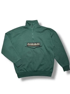Napapijri Geographic Green 1/4 Zip Sweatshirt Size S Logo Spellout Fleece Lined - Picture 1 of 15