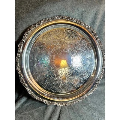 Vintage Crescent Silverplate Round Tray 14" Ornate Etched Floral Scroll - Image 1 of 4