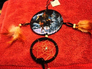 DREAMCATCHER WITH A PICTURE OF AN INDIAN RIDING A HORSE AND WOLVES - Picture 1 of 1