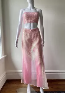 Vintage S M 8 Y2k Pink Pants skirt Crop Set Lace Up Pink Ombré prom barbie - Picture 1 of 24