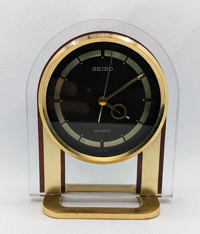 Vintage Seiko Brass and Acrylic Quartz Alarm Clock Desk Mantle Timepiece QP296B Cover
