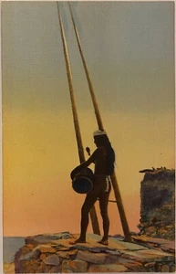 Atleta indio Call of the Clan en Kiva y tambor ~ postal de lino nativo americano - Imagen 1 de 2