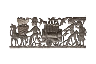 Arte metálico haitiano hecho a mano, agricultores dirigidos al mercado con vagón, metal reciclado Foto 1 de 4