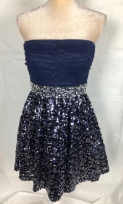 MY MICHELLE Sz 9 Blue Short Strapless Dress Prom Homecoming Lace Top Sequins Ski - Image 1 of 4