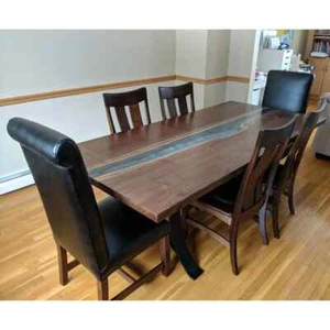 Custom Live Edge Walnut Epoxy River Dining Table | Solid Wood Resin Furniture - Picture 1 of 11