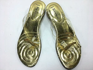 J. Renee Women Size 7 1/2 Vinyl Gold Sandals with Firefly Flat Slip On Strapped - Picture 1 of 4