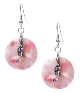 "Pendientes de sirena redondos colgantes jaspeados rosa translúcido 1 7/8"" de largo" - Imagen 1 de 2