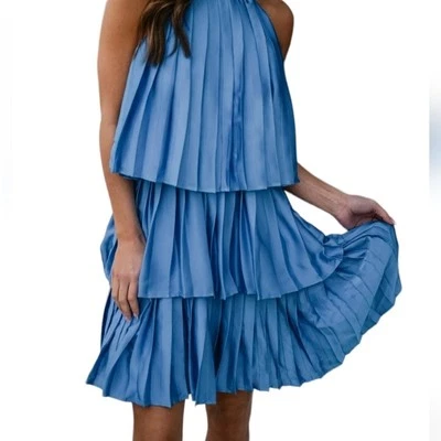 Halter Neckline Pleated Tiered Flowy Sleeveless Mini Dress Size M - Image 1 of 4