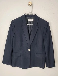 Linen Blend Navy Blazer Jacket Classic Chic Business Office | Tahari Size 14 - Picture 1 of 9