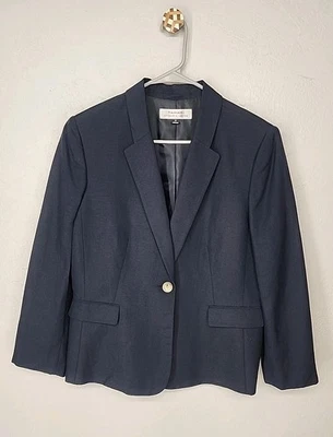 Linen Blend Navy Blazer Jacket Classic Chic Business Office | Tahari Size 14 - Image 1 of 4