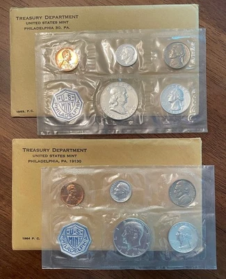 1963 & 1964 proof sets, 5 coins each. 50c, 25c & 10c 90% silver. - Image 1 of 4