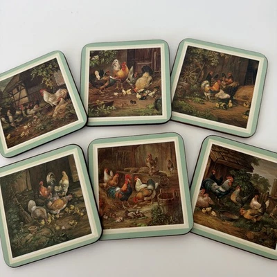Vtg Pimpernel Chickens Roosters Barnyard 6 Different Cork Coasters England - Image 1 of 4