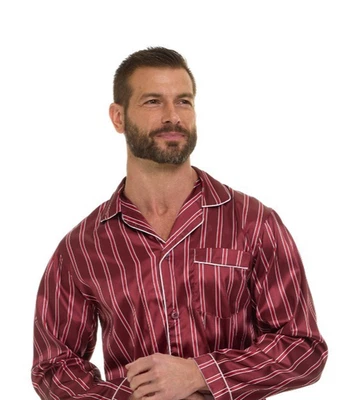 Mens Silk Satin Pajamas -PJ Set- BURG STRIPE + ''5 DAY DELIVERY - USA Seller- - Image 1 of 4