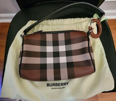 Auth Burberry Womens Leather Check Black Brown Beige White Ring Shoulder Bag - Image 1 of 4