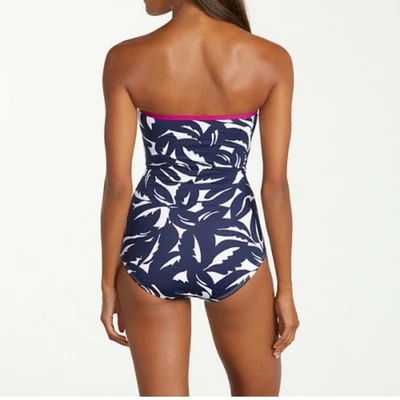Tommy Bahama Graphic Jungle Shirred Bandeau Navy Blue Halter One Piece Swimsuit - Image 1 of 4