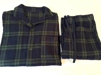 Lapasa Pajama 2pc Set Thick Cotton Navy Blue Green plaid Flannel Men's Medium - Image 1 of 4
