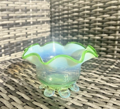 ANTIQUE STOURBRIDGE VASELINE GLASS OPALESCENT RUFFLED FOOTED OPEN SUGAR BOWL - image 1 of 4