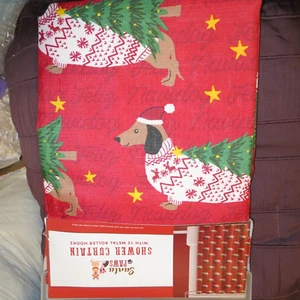 Santa Paws Dachshund Christmas Holiday Shower Fabric Curtain w/12 Rollers NIP - Picture 1 of 5