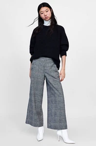 Zara Crop Wide Leg Belted Pant Wool Blend Trousers Culottes Career Glen Plaid XS - Picture 1 of 14