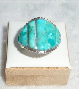 STUNNING ZUNI STYLE GENUINE TURQUOISE HANDCRAFTED INLAY 925 STERLING RING SZ 8 - Picture 1 of 6