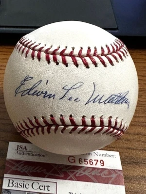 EDDIE MATHEWS FULL NAME SIGNED AUTOGRAPHED OML BASEBALL! Braves! HOF! JSA! EDWIN - Image 1 of 2