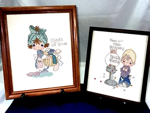 Vintage Precious Moments Framed Needlepoint Pair Count Your Blessings & Loads Lo - Picture 1 of 12