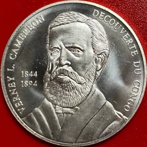 2002 CONGO 10 FRANCS 1oz SILVER VERNEY CAMERON ENGLISH TRAVELLER CENTRAL AFRICA - Picture 1 of 6