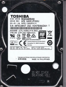Toshiba MQ03ABB200 rev: AZA AA00/JP050U HDKFB08AZA01 MAR 2019 2TB SATA 3818 - Picture 1 of 3