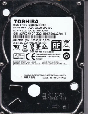 Toshiba MQ03ABB200 rev: AZA AA00/JP050U HDKFB08AZA01 MAR 2019 2TB SATA 3818 - Image 1 of 3