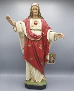 Estatuilla francesa antigua de tiza de 20,9"" de alto yeso de Jesús del Sagrado Corazón - Imagen 1 de 7