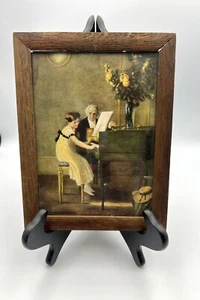 Antique VINTAGE Old Grandfather MAN & Girl Playing Piano Picture WOOD FRAME - Picture 1 of 5