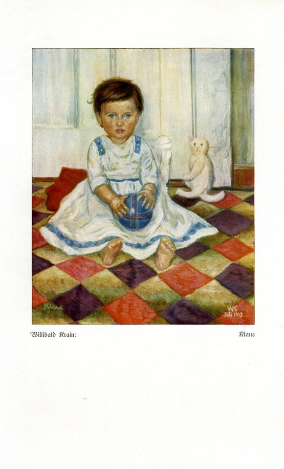 Baby Klaus Kunstdruck 1922 Willibald Krain * Breslau Kleinkind Kleid Ball Katze - Bild 1 von 1