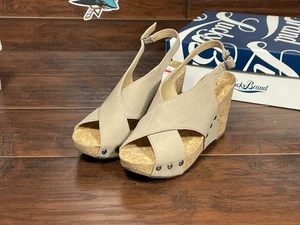 Sandali con zeppa in sughero Lucky Brand Minari marroni da donna taglia 6 M nabuk usati punta aperta - Foto 1 di 9