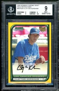 Clayton Kershaw Rookie 2008 Bowman Chrome Draft Gold Refractor #26 (pop 4) BGS 9 - Picture 1 of 2