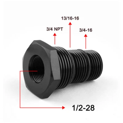 1/2-28 to 3/4-16, 13/16-16, 3/4NPT Automotive Threaded Oil Filter Adapter BLK+ - Image 1 of 4