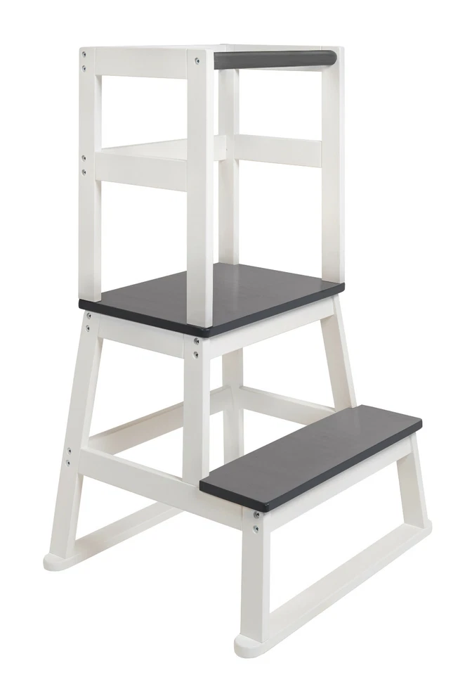 BOMI® Vario Lernturm Kinder Schemel Swubi aus Holz I Lerntower Kinder grau-weiß