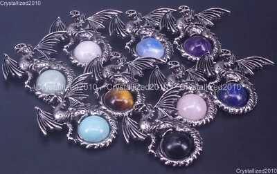 Natural Gemstone Round Cabochon CAB Nidhogg Dragons Pendant Beads Tibetan Silver - Image 1 of 4