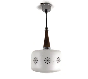 Danish Modern Chandelier Pendant Teak Opaline Glass Atomic Retro Pop Art Style - Picture 1 of 10