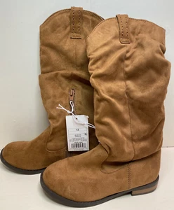 Cat & Jack Tall Scrunch Zipper Boots Cognac Brown EVI Micro suede Girls Size 13 - Picture 1 of 3